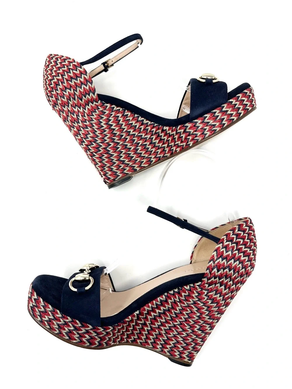 Gucci Carolina Blue Suede Horsebit Platform Espadrilles Wedge Sandals 36.5 6.5